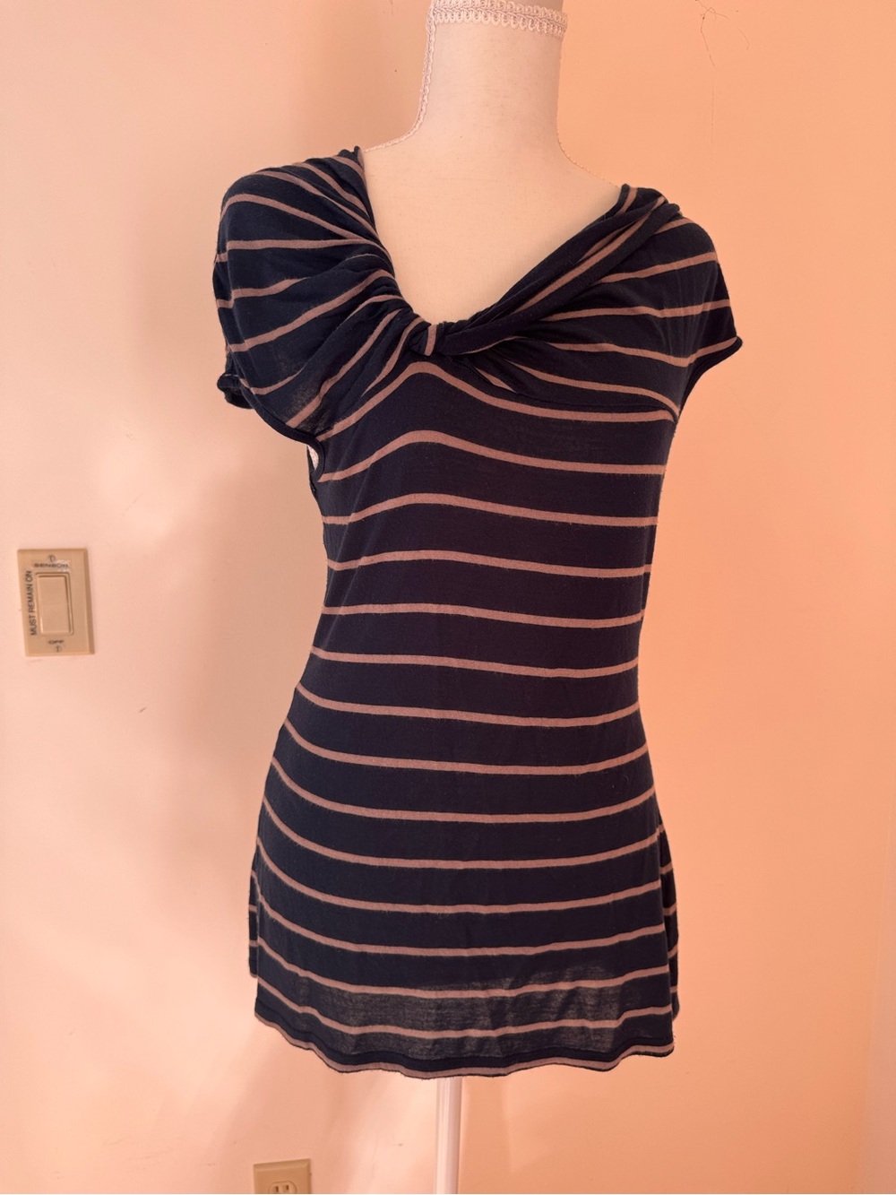 Anthropologie Navy and Beige Striped Twist-Neck Tee